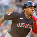 Jose Ramirez #11 of the Cleveland Guardians runs a double against the Colorado Rockies at Coors Field on June 15, 2022 in Denver, Colorado.