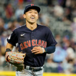 Steven Kwan #38 of the Cleveland Guardians reacts after making a diving catch against the Colorado Rockies at Coors Field on June 15, 2022 in Denver, Colorado.