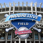 The new Cleveland Guardians logo hangs on the exterior of Progressive Field prior to the home opener against the San Francisco Giants on April 15, 2022 in Cleveland, Ohio.