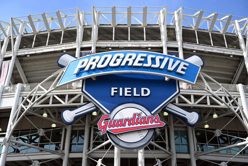 The new Cleveland Guardians logo hangs on the exterior of Progressive Field prior to the home opener against the San Francisco Giants on April 15, 2022 in Cleveland, Ohio.