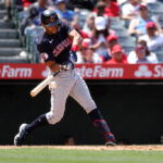 Oscar Mercado #35 of the Cleveland Guardians at bat during the fifth inning against the Los Angeles Angels at Angel Stadium of Anaheim on April 28, 2022 in Anaheim, California.
