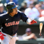 Jose Ramirez #11 of the Cleveland Guardians tosses his bat after a pop out in the eighth inning against the Baltimore Orioles at Oriole Park at Camden Yards on June 05, 2022 in Baltimore, Maryland.