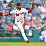Third baseman Jose Ramirez #11 of the Cleveland Guardians fields a line drive hit by Elvis Andrus #17 of the Oakland Athletics at third base during the fourth inning at Progressive Field on June 10, 2022 in Cleveland, Ohio.