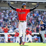 Andrés Gimenez #0 of the Cleveland Guardians celebrates hitting a walk off two-run home run off Tyler Thornburg of the Minnesota Twins to defeat the Twins 5-3 at Progressive Field on June 30, 2022 in Cleveland, Ohio.