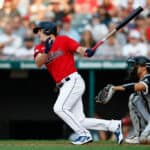 Myles Straw #7 of the Cleveland Guardians hits a two run single off Lance Lynn #33 of the Chicago White Sox during the first inning at Progressive Field on July 11, 2022 in Cleveland, Ohio.