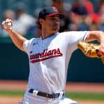Shane Bieber #57 of the Cleveland Guardians pitches against the Chicago White Sox during the first inning of game one of a doubleheader at Progressive Field on July 12, 2022 in Cleveland, Ohio.