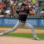 Shane Bieber #57 of the Cleveland Guardians pitches in the first inning at Guaranteed Rate Field on July 24, 2022 in Chicago, Illinois.