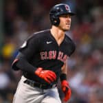 Nolan Jones #33 of the Cleveland Guardians runs the bases on his three-run home run in the third inning against the Boston Red Sox at Fenway Park on July 26, 2022 in Boston, Massachusetts.