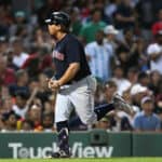 Josh Naylor #22 of the Cleveland Indians reacts as he runs the bases after hitting the eventual game winning home run in the ninth inning against the Boston Red Sox at Fenway Park on July 27, 2022 in Boston, Massachusetts.
