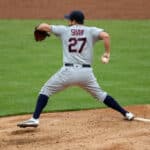 Bryan Shaw #27 of the Cleveland Indians pitches in the sixth inning against the Cincinnati Reds at Great American Ball Park on April 17, 2021 in Cincinnati, Ohio.