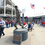 A statue of Larry Doby greets fans prior to the home opener of the Cleveland Guardians against the San Francisco Giants at Progressive Field on April 15, 2022 in Cleveland, Ohio.