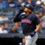 Josh Naylor #22 of the Cleveland Guardians reacts after hitting a two-run home run to right field in the fifth inning against the New York Yankees at Yankee Stadium on April 23, 2022 in New York City.