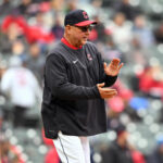 Manager Terry Francona #77 of the Cleveland Guardians visits the mound for a pitching change during the sixth inning of game one of a doubleheader against the San Diego Padres at Progressive Field on May 04, 2022 in Cleveland, Ohio.
