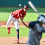 Starting pitcher Triston McKenzie #24 of the Cleveland Guardians pitches to Byron Buxton #25 of the Minnesota Twins during the first inning at Progressive Field on June 27, 2022 in Cleveland, Ohio.