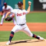 Starting pitcher Kirk McCarty #59 of the Cleveland Guardians pitches during the first inning of game one of a doubleheader against the New York Yankees at Progressive Field on July 2, 2022 in Cleveland, Ohio.