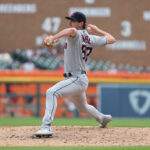 Shane Bieber #57 of the Cleveland Guardians throws a fifth inning pitch while playing the Detroit Tigers at Comerica Park on July 06, 2022 in Detroit, Michigan.