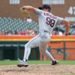 James Karinchak #99 of the Cleveland Guardians throws a pitch while playing the Detroit Tigers at Comerica Park on July 06, 2022 in Detroit, Michigan.
