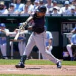 Jose Ramirez #11 of the Cleveland Guardians hits a single in the first inning against the Kansas City Royals at Kauffman Stadium on July 10, 2022 in Kansas City, Missouri.