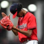 Starting pitcher Triston McKenzie #24 of the Cleveland Guardians celebrates the final out of the top of the eighth inning against the Detroit Tigers at Progressive Field on July 14, 2022 in Cleveland, Ohio.
