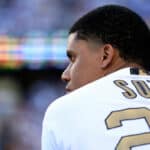 Juan Soto #22 of the Washington Nationals looks on against the American League during the 92nd MLB All-Star Game presented by Mastercard at Dodger Stadium on July 19, 2022 in Los Angeles, California.