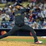 Emmanuel Clase #48 of the Cleveland Guardians pitches against the National League during the ninth inning the 92nd MLB All-Star Game presented by Mastercard at Dodger Stadium on July 19, 2022 in Los Angeles, California.