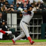 Jose Ramirez #11 of the Cleveland Guardians hits a single in the sixth inning against the Chicago White Sox during game two of a double header at Guaranteed Rate Field on July 23, 2022 in Chicago, Illinois.