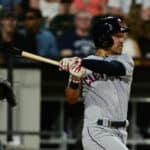 Steven Kwan #38 of the Cleveland Guardians hits a RBI single in the seventh inning against the Chicago White Sox during game two of a double header at Guaranteed Rate Field on July 23, 2022 in Chicago, Illinois.