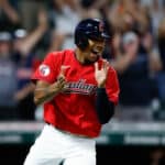 Will Benson #29 of the Cleveland Guardians celebrates after scoring the game-winning run against the Arizona Diamondbacks during the 11th inning at Progressive Field on August 01, 2022 in Cleveland, Ohio. The Guardians defeated the Diamondbacks 6-5.
