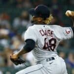 Emmanuel Clase #48 of the Cleveland Guardians pitches against the Detroit Tigers during the ninth inning at Comerica Park on August 10, 2022, in Detroit, Michigan. Class recorded his 26th save in a 3-2 win.
