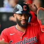 Amed Rosario #1 of the Cleveland Guardians celebrates after scoring during the first inning against the Detroit Tigers at Progressive Field on July 15, 2022 in Cleveland, Ohio.