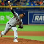 Emmanuel Clase #48 of the Cleveland Guardians pitches in the ninth inning during a game against the Tampa Bay Rays at Tropicana Field on July 29, 2022 in St Petersburg, Florida.