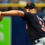 Zach Plesac #34 of the Cleveland Guardians pitches during a game against the Tampa Bay Rays at Tropicana Field on July 30, 2022 in St Petersburg, Florida.