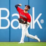 Nolan Jones #33 of the Cleveland Guardians fields a ball by Jeremy Peña #3 of the Houston Astros back to center field in the top of the fifth inning at Progressive Field on August 4, 2022 in Cleveland, Ohio.