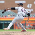 Emmanuel Clase #48 of the Cleveland Guardians throws a pitch against the Detroit Tigers at Comerica Park on July 06, 2022 in Detroit, Michigan.