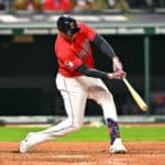 Oscar Gonzalez #39 of the Cleveland Guardians hits a two-run homer during the sixth inning against the Los Angeles Angels at Progressive Field on September 13, 2022 in Cleveland, Ohio.