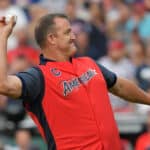 Former Cleveland Indian Jim Thome throws out the ceremonial first pitch prior to the T-Mobile Home Run Derby at Progressive Field on July 08, 2019 in Cleveland, Ohio.