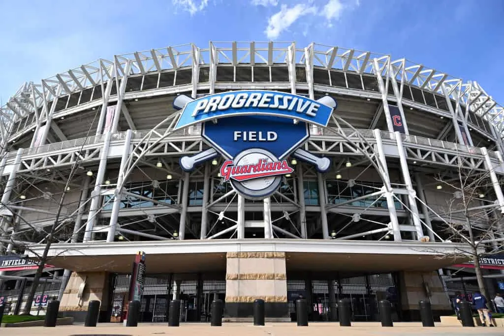 The new Cleveland Guardians logo hangs on the exterior of Progressive Field prior to the home opener against the San Francisco Giants on April 15, 2022 in Cleveland, Ohio.