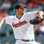 Gavin Williams #63 of the Cleveland Guardians pitches against the Minnesota Twins during the first inning at Progressive Field on September 06, 2023 in Cleveland, Ohio.