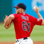Tanner Bibee #61 of the Cleveland Guardians pitches against the Texas Rangers during the first inning at Progressive Field on September 16, 2023 in Cleveland, Ohio.