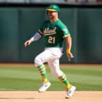 Stephen Vogt #21 of the Oakland Athletics celebrates while trotting around the bases after hitting a solo home run against the Los Angeles Angels in the bottom of the seventh inning of the game at RingCentral Coliseum on October 05, 2022 in Oakland, California.