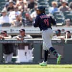 Jose Ramirez #11 of the Cleveland Guardians rounds the bases after hitting a home run against the San Francisco Giants in the first inning at Oracle Park on September 13, 2023 in San Francisco, California.