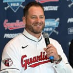 Stephen Vogt is introduced as the 45th Manager of the Cleveland Guardians at Progressive Field on November 10, 2023 in Cleveland, Ohio.