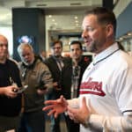 Stephen Vogt talks to the media after being introduced as the 45th Manager of the Cleveland Guardians at Progressive Field on November 10, 2023 in Cleveland, Ohio.
