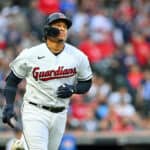 Bo Naylor #23 of the Cleveland Guardians rounds the bases after hitting a three-run homer during the second inning against the Cincinnati Reds at Progressive Field on September 26, 2023 in Cleveland, Ohio.