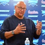 Former manager Terry Francona of the Cleveland Guardians talks with members of the media about his 11 years with the club at Progressive Field on October 03, 2023 in Cleveland, Ohio.