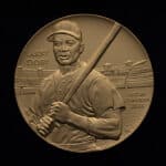 A close-up view of the Congressional Gold Medal honoring professional baseball player Larry Doby is seen at the U.S. Capitol on December 13, 2023 in Washington, DC. Doby, the first African American to play in the American League in 1947, was posthumously awarded with the Congressional Gold Medal for his career and contributions to the American Civil Rights Movement.