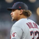 Josh Naylor #22 of the Cleveland Guardians looks on against the Chicago White Sox at Guaranteed Rate Field on July 28, 2023 in Chicago, Illinois.