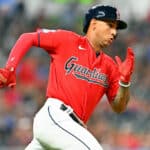 Brayan Rocchio #6 of the Cleveland Guardians runs out a double during the seventh inning against the Toronto Blue Jays at Progressive Field on August 08, 2023 in Cleveland, Ohio.