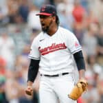 Emmanuel Clase #48 of the Cleveland Guardians celebrates a 2-1 win against the Minnesota Twins at Progressive Field on September 06, 2023 in Cleveland, Ohio.
