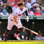 Josh Naylor #22 of the Cleveland Guardians runs out a ground ball for a fielders choice single during the third inning against the Tampa Bay Rays at Progressive Field on September 03, 2023 in Cleveland, Ohio.